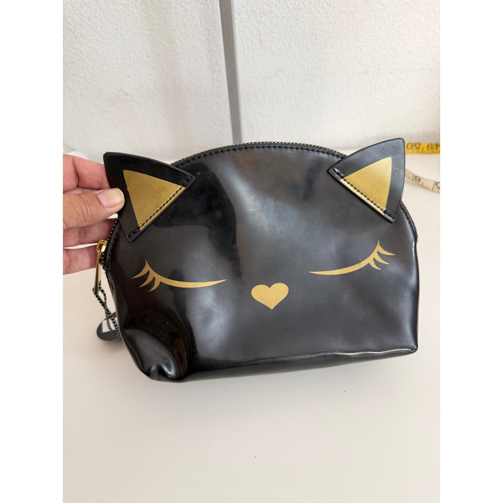 iMoshion‎ Black Cat Vegan Patent Leather Cosmetic Bag Gold Heart Nose 141004